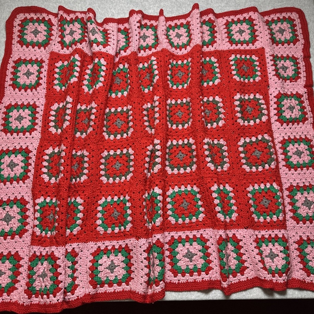 VTG Crochet Afghan Rose Blanket Granny Square Red Pink Green Flower 62x40in
